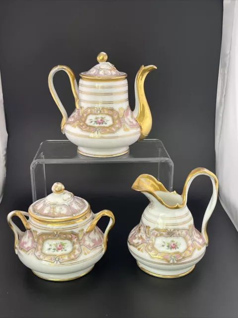 19thC. Porcelain Style Old Paris Empire Set Cof Cup & Saucer Gold Hand painted 2