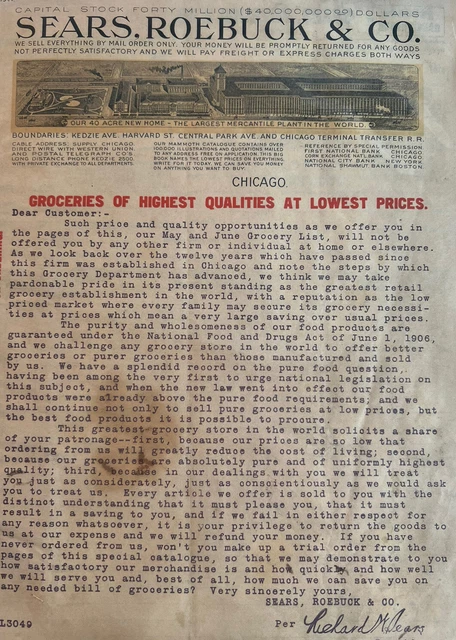 Vintage￼ Print Ad Sears & Roebuck 1907 Order Form￼