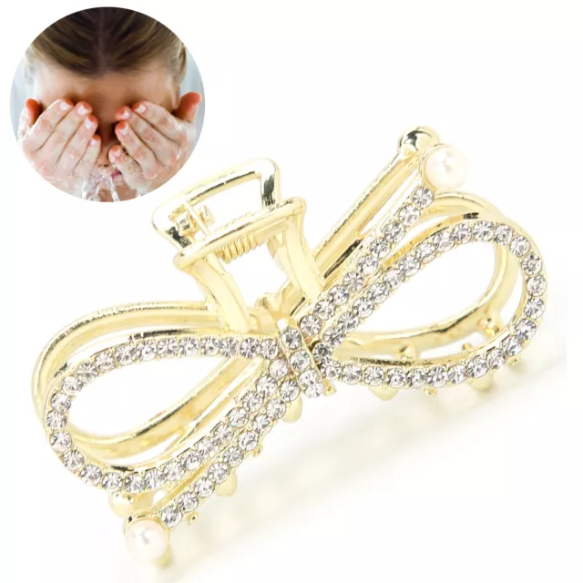 (2 Bowknot)Rhinestones Hair Claw Clips Women Girls Exquisite Faux Pearl XXL