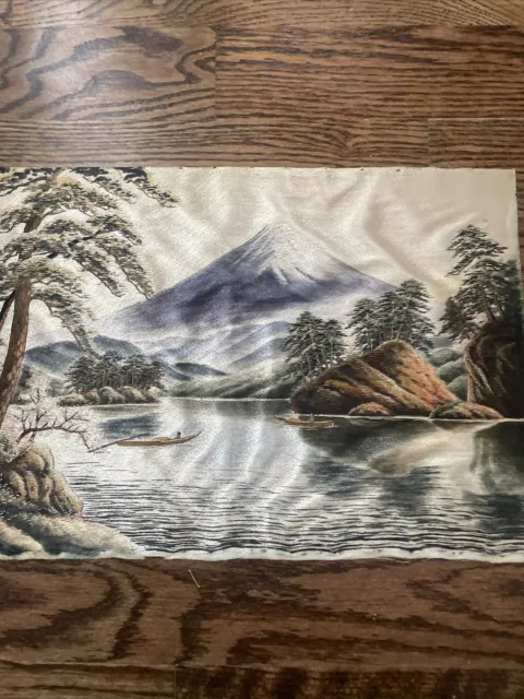 Antique Japanese Silk Embroidery Fuji 17.75” x 12”