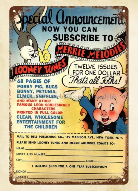 1942 Dell Looney Tunes Comics Back Cover metal tin sign vintage reproductions