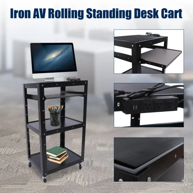 Black Iron AV Cart on Wheels Rolling Projector Cart With Pullout Keyboard Tray