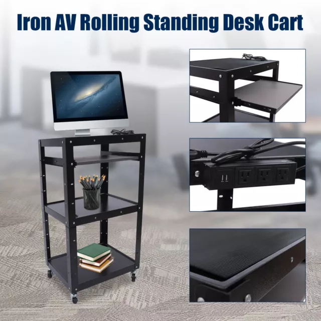 Black Iron AV Cart on Wheels Rolling Projector Cart With Pullout Keyboard Tray