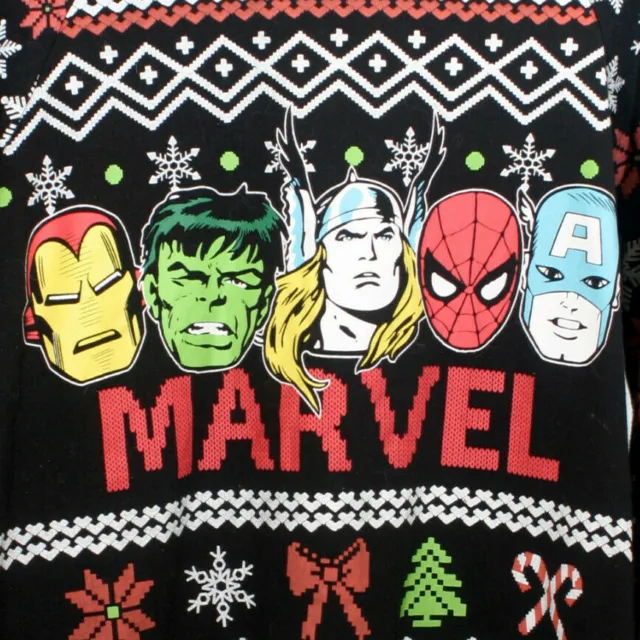 Marvel Mens XL Black Sweatshirt Snowflakes Antman Spiderman Thor Hulk Ironman