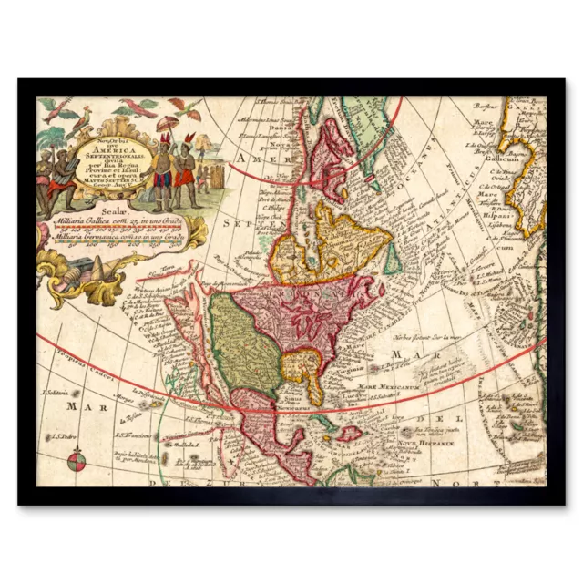 Seutter 18th Century Pictorial Map North America Wall Art Print Framed 12x16