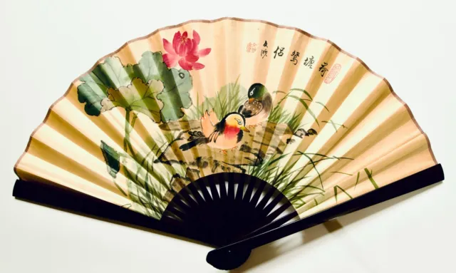 NEW 35" Oriental Asian Hand Painted Birds and Flower Wall Fan