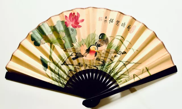 NEW 35" Oriental Asian Hand Painted Birds and Flower Wall Fan