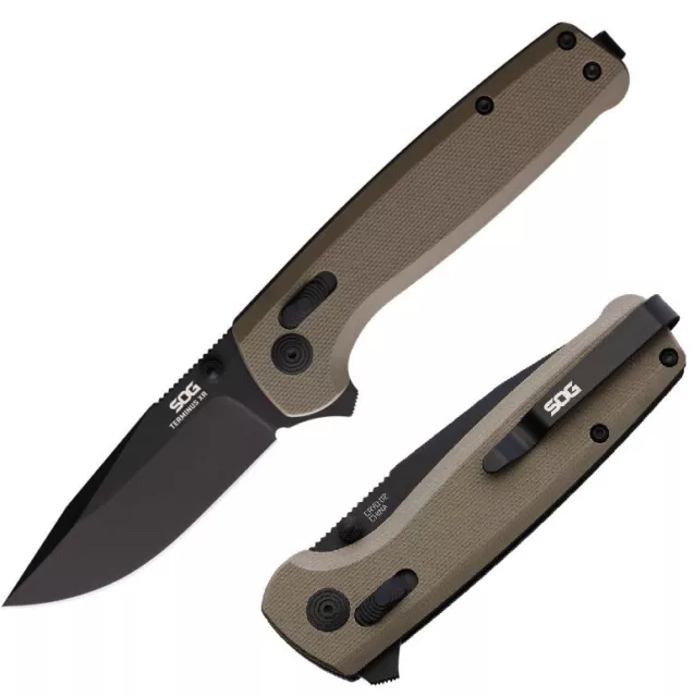 SOG Terminus Folding Knife 3" Black Finish D2 Tool Steel Blade Tan G10 Handle