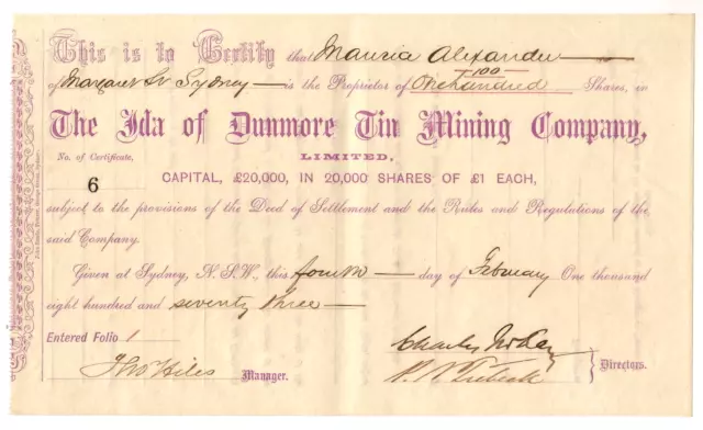 Share Scrip - Mining. 1873 Ida of Dunmore Tin Mining Co.  (NSW)