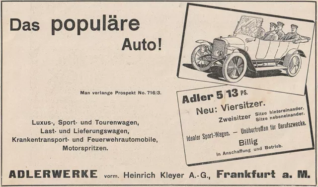 Werbung Automobil Adlerwerke vorm. Heinrich Kleyer AG, Frankfurt a.M., von 1913