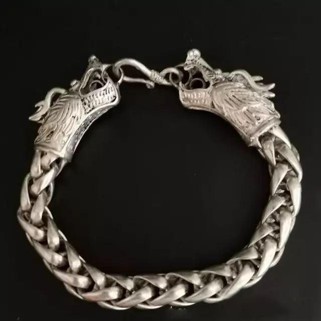 Rare Travail Manuel Chinois Vieux Tibet Argent Dragon Bracelet K Collection X8R