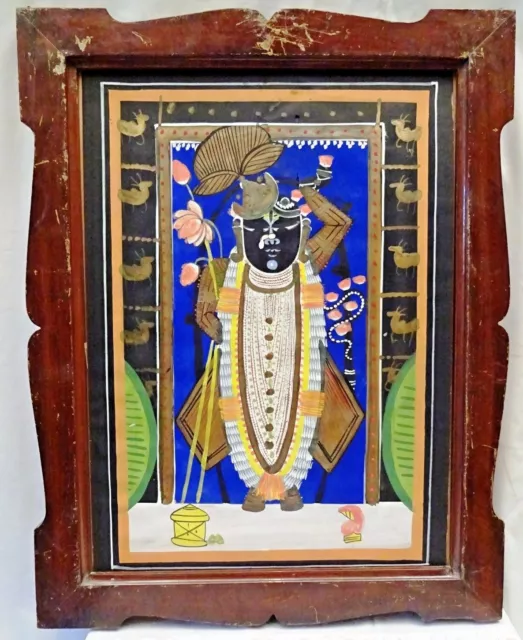 Antico Krishna Pittura Acqua Colore Indù Mitologia Shreenathji Telaio Legno