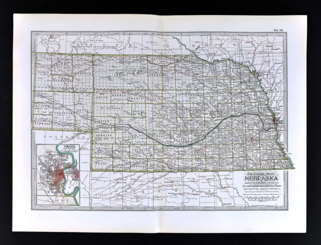 1898 Century Atlas Map Nebraska Omaha Kearney Lincoln City Columbus Grand Island