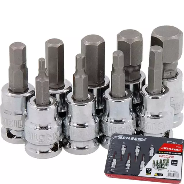 Neilsen 9pc Spline Hex Bit Socket Set 3/8" Drive Sockets 3mm - 14mm
