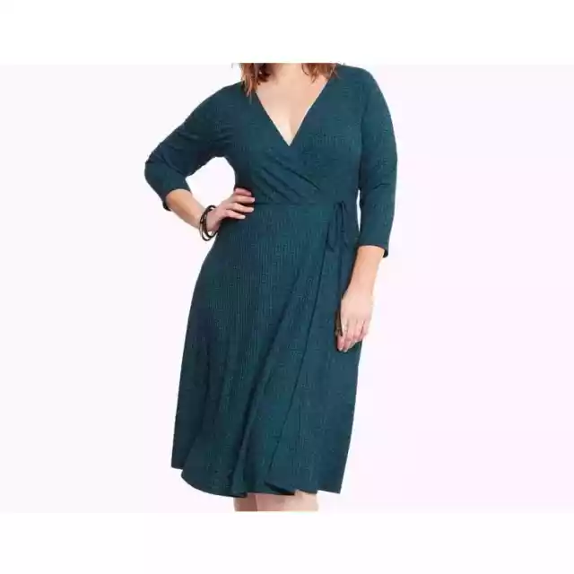 Torrid Midi Faux Wrap Dress Womens 1X Green 3/4 Sleeve V Neck Ribbed Surplice