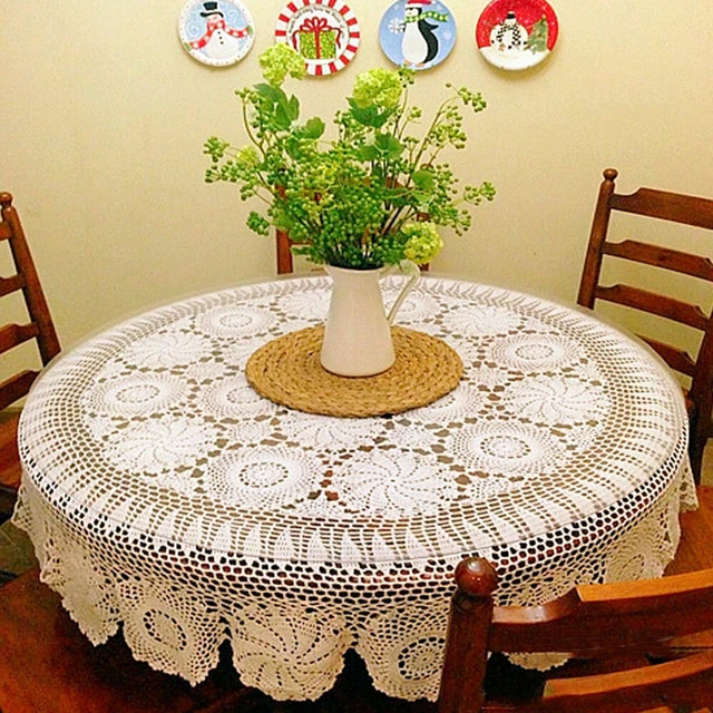 52" White Vintage Hand Crochet Lace Tablecloth Round Table Topper Flower Doily