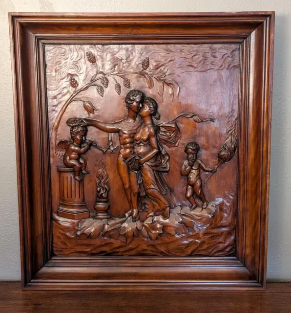 33" Tall Hand Carved French Antique Walnut Wood Romantic ScenePanel