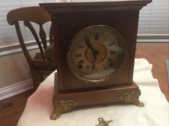 Antique 1900s EN Welch Sessions Mantle Clock, cast iron Lion Trim, USA, Works 2