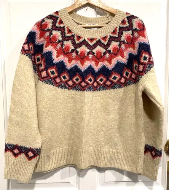 Old Navy Crew Neck Fair Isle Sweater Beige Navy blue Pink colorful women Size L