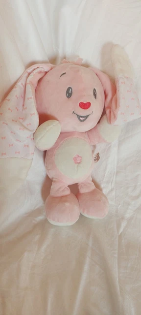 PELUCHE DOUDOU LAPIN ROSE/BLANC GRANDES OREILLES NOEUDS  AUCHAN NEUF 30 cm