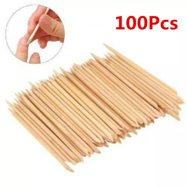 100 Nail Art Orange Wood Sticks Cuticle Pusher Remover Pedicure Manicure Tool 3