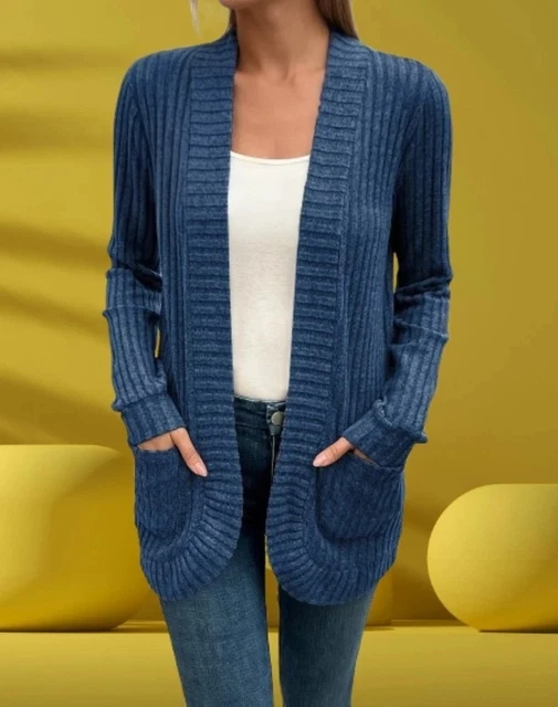 Cardigan lungo da donna, lavorato a maglia, con bottoni, autunno, aperto, leggero, con tasche, casual, per il tempo libero, bianco, M