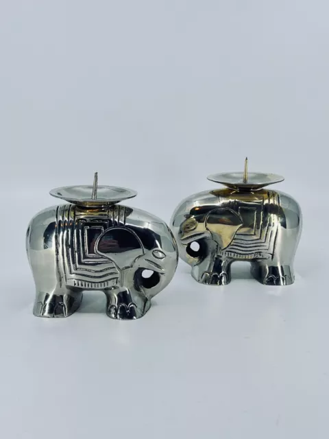 Pair of 1970's vintage handmade elephant candle holders silver cast metal HEAVY