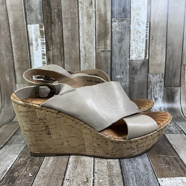 BORN womens Size 9  Taupe Beige Leather Cork WEDGE Sandal Ankle Strap