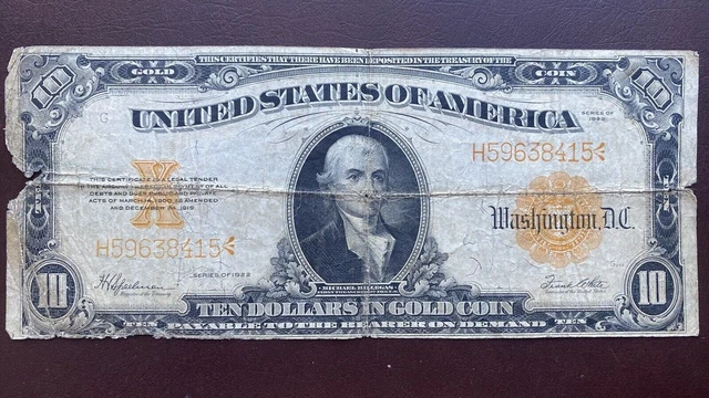 1922 Ten Dollar Gold Certificate Large Size Note $10 Bill Circulated #56364