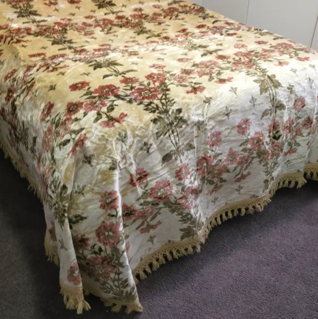 Vintage Italian Velvet Chenile Bedspread Queen Size Floral Pattern Fringed – Unu