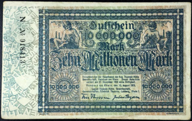 HAMBORN 1923 "August Thyssen-Hütte" 10 Million Mark Inflation Notgeld Germany