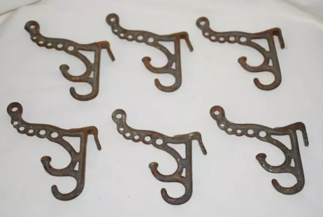 Antique Lot 6 Cast Iron Schoolhouse Coat Hat Triple Hooks Industrial!!!