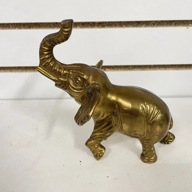 Vintage Heavy Solid Brass Elephant Statue Figurine Trunk Up Good Luck 7”