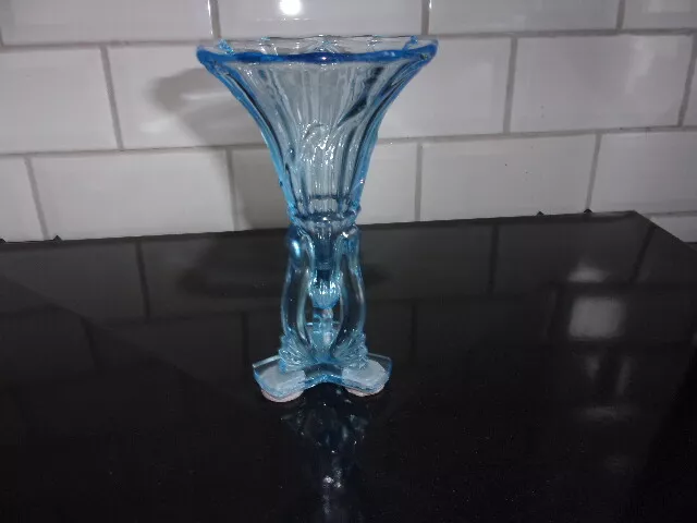 Vintage Art Deco Blue Pressed Glass Rocket Vase: 6.5" tall Rosice Glassworks C/1 3