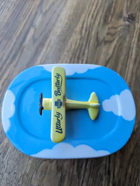 Vintage Retro Blue Utterly Butterly Ceramic Butter Dish With Airplane Lid