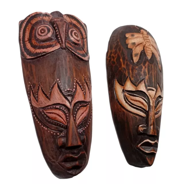 African Owl Butterfly Carved Wood Mask Tribal Wall Hanging Folk Art Set 8 inch