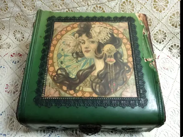 Authentic Antique Victorian Wood Box With Celluloid & Women Portrait~ Collar Box