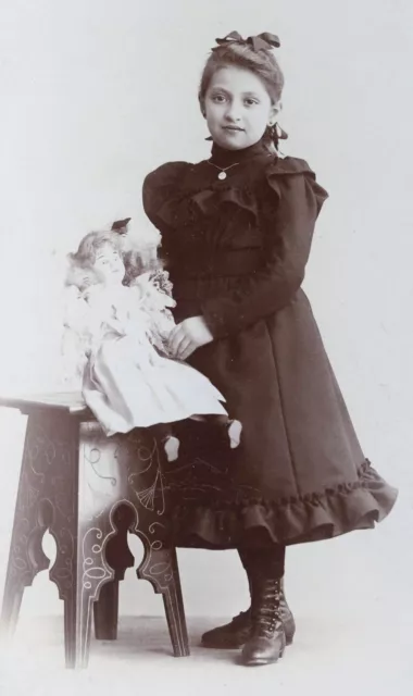 sweet girl w doll, toy, antique Cabinet Card 1890's Budapest, Hungary