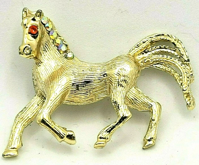 Vintage Horse Brooch Gold Tone AB Rhinestones Pin Equestrian Jewelry Red Eye