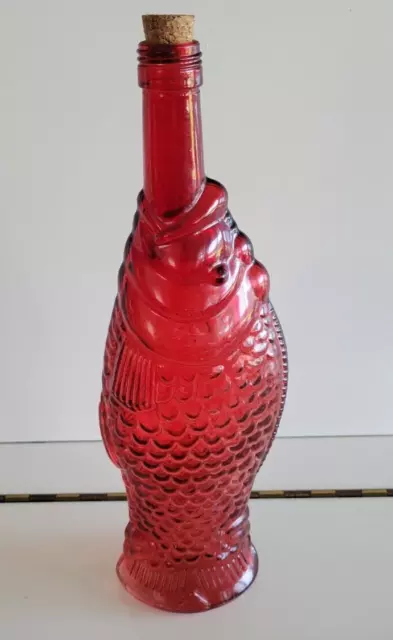 Ruby Red Detailed Fish Bottle Decanter With Cork Stopper 12 INCHES 20 OZS