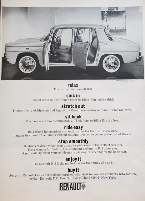 1963 Renault Automobile Relax Sink In Sit Back Ride Easy Stop Smoothly Print Ad