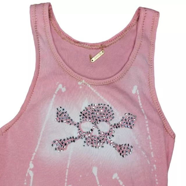 Allen B Pastel Pink Bleached Distressed Ribbed Rhinestone Jewel Skull Tank Top 3