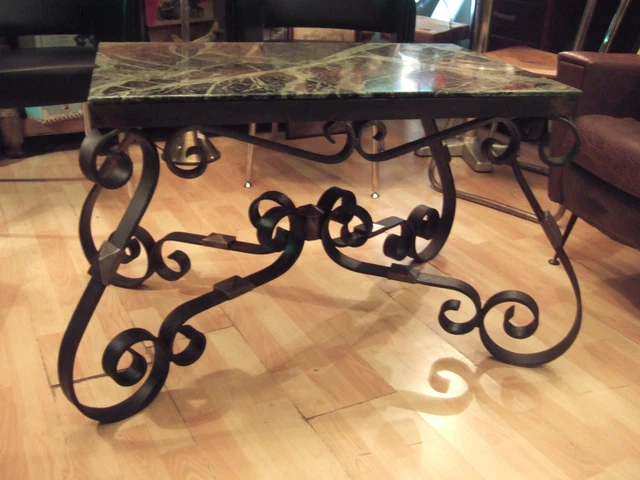 Table Basse en Fer Forgé et Marbre Vert Signée