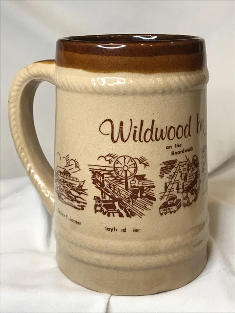VTG Wildwood New Jersey Souvenir Ceramic Mug Stein Tan Scene Decor 16oz 5.25”