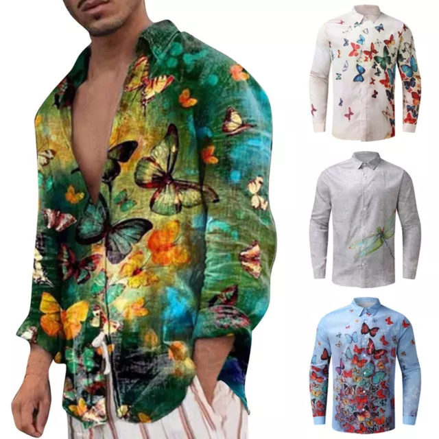 Unique Butterfly Print Cardigan Men's Hawaiian Button Shirt Slim Casual