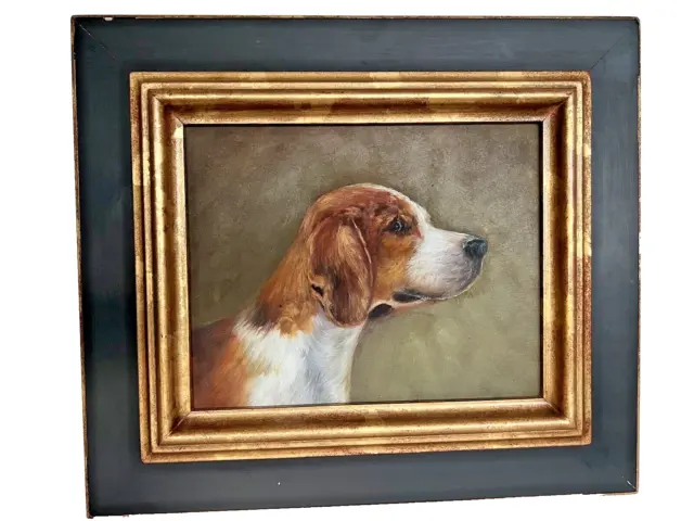 Vintage Portrait Beagle Puppy Dog Oil Painting Gold Gilt Framed 15.5" x 13.5"