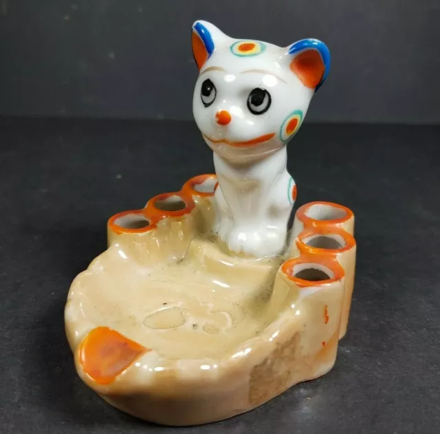 Lovely Vintage Mid Century Japanese Ceramic Cat Design Ashtray & Cigarette Stand