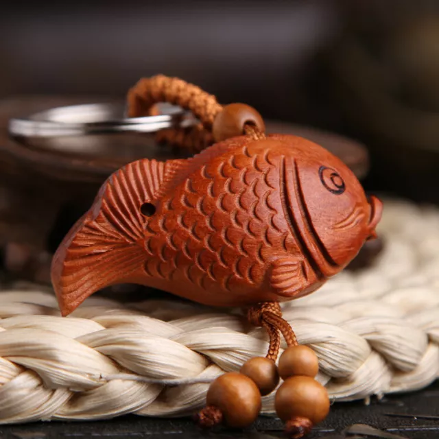 Wealth Carp Fish Wood 3D Carving Chinese Geomancy Pendant Key Chain Keyring