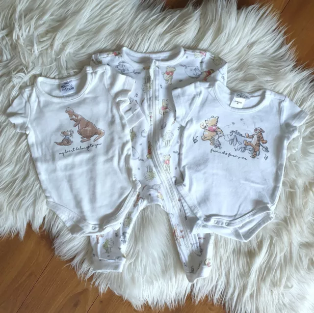 DISNEY - Size 00 (3-6m) unisex baby Winnie The Pooh bundle (x3) romper bodysuit