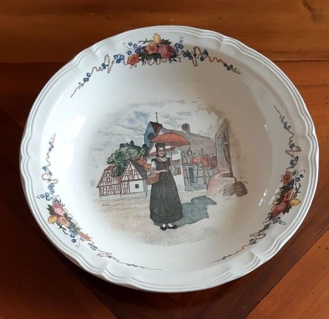 Grand plat rond creux ancien, Sarreguemines  Obernai Loux, femme à l’ombrelle